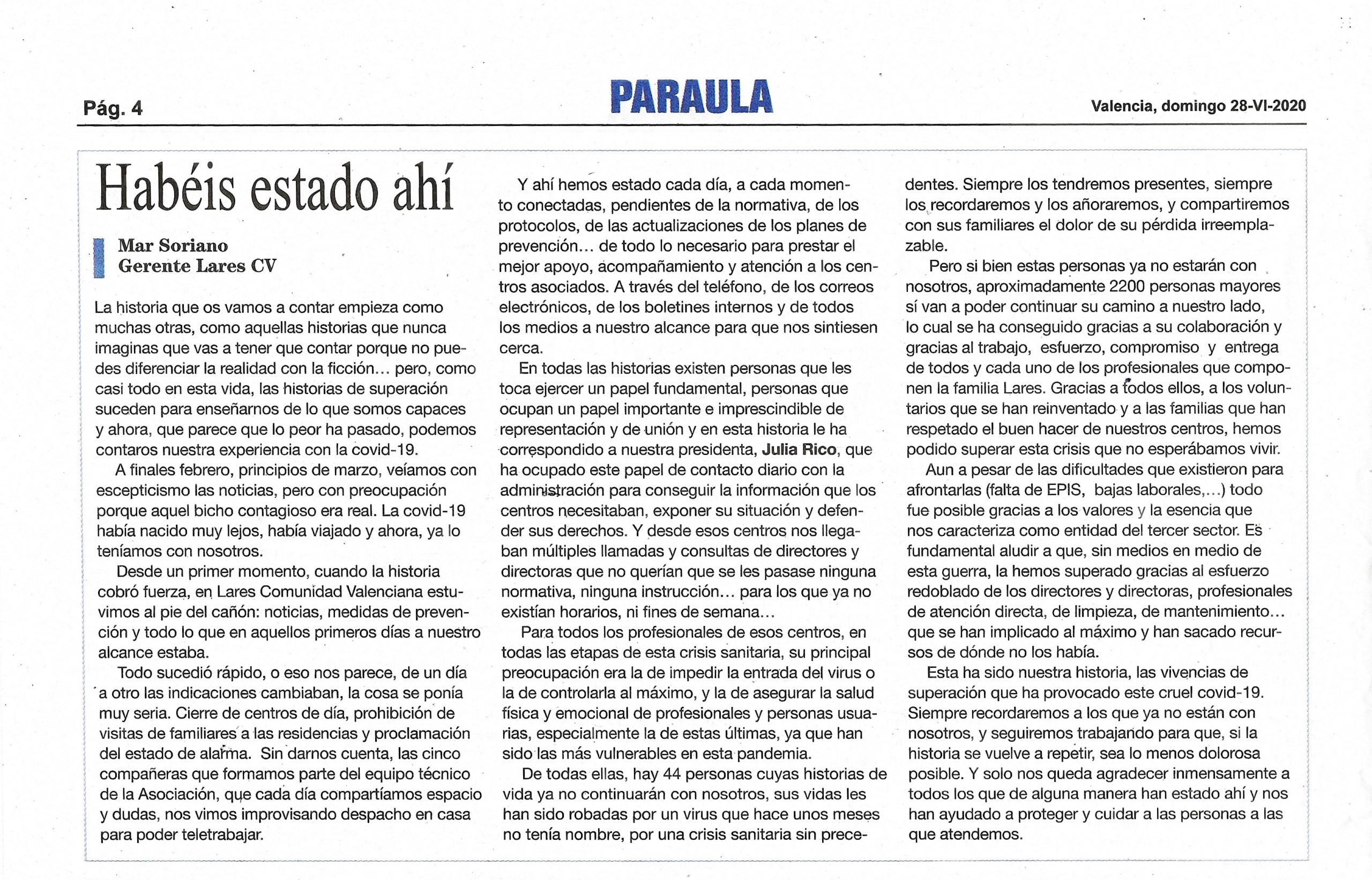 Noticia Lares CV en Paraula 28 06 2020 scaled - Habéis estado ahí.